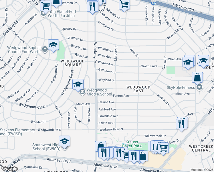 map of restaurants, bars, coffee shops, grocery stores, and more near 3821 Wayland Drive in Fort Worth