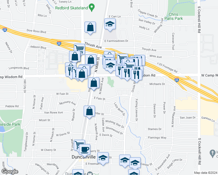 map of restaurants, bars, coffee shops, grocery stores, and more near 786 North Merrill Avenue in Duncanville