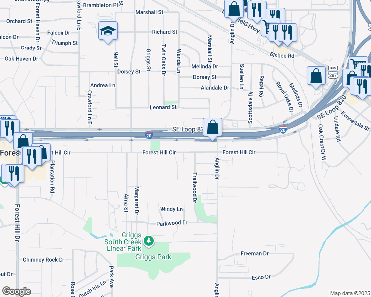map of restaurants, bars, coffee shops, grocery stores, and more near 4607 Forest Hill Circle in Fort Worth