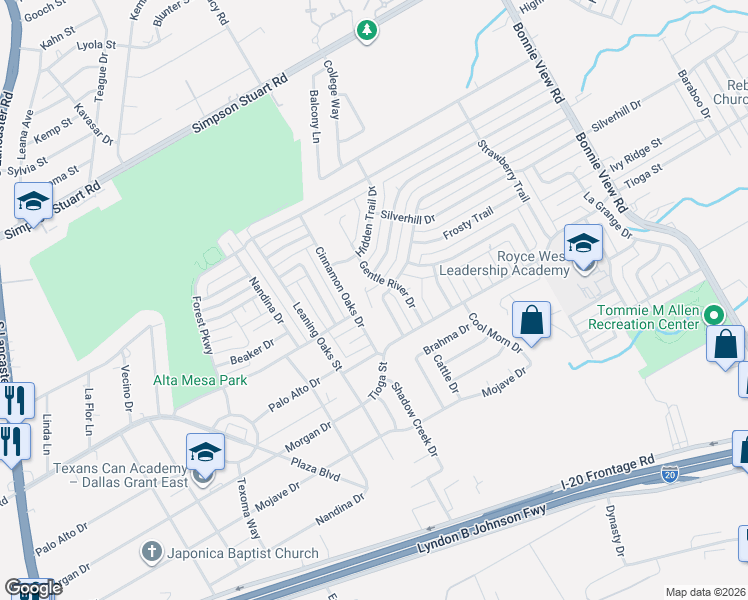 map of restaurants, bars, coffee shops, grocery stores, and more near 6417 Gentle River Drive in Dallas