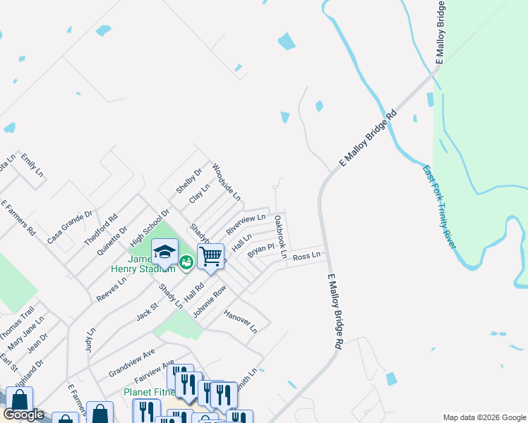 map of restaurants, bars, coffee shops, grocery stores, and more near 1333 Riverview Lane in Seagoville