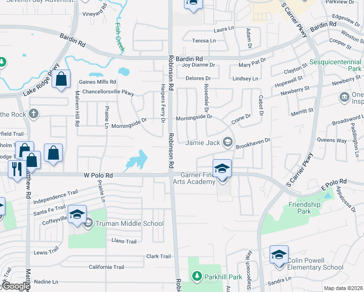map of restaurants, bars, coffee shops, grocery stores, and more near 129 Hanover Street in Grand Prairie