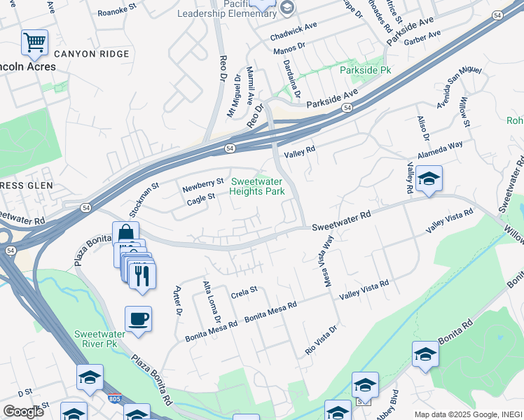 map of restaurants, bars, coffee shops, grocery stores, and more near 3804 Fairlindo Way in National City