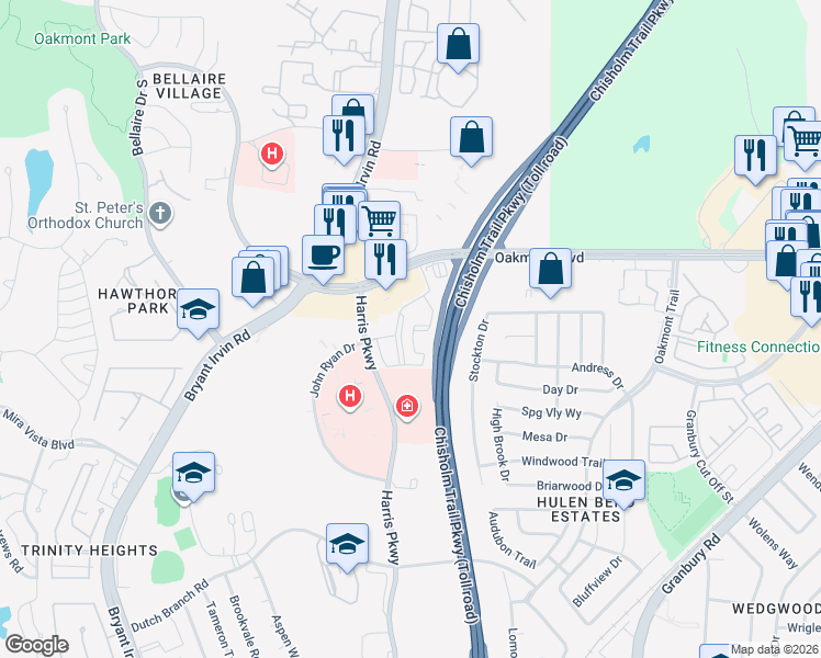 map of restaurants, bars, coffee shops, grocery stores, and more near 7301 Oakmont Boulevard in Fort Worth