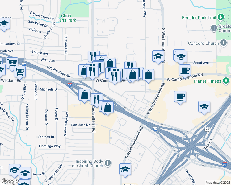 map of restaurants, bars, coffee shops, grocery stores, and more near Independence Drive in Dallas