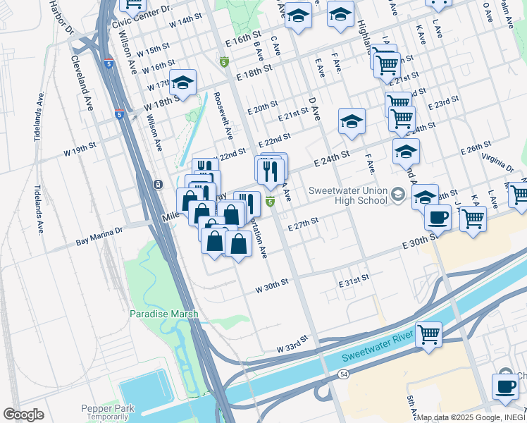 map of restaurants, bars, coffee shops, grocery stores, and more near 45 East 26th Street in National City