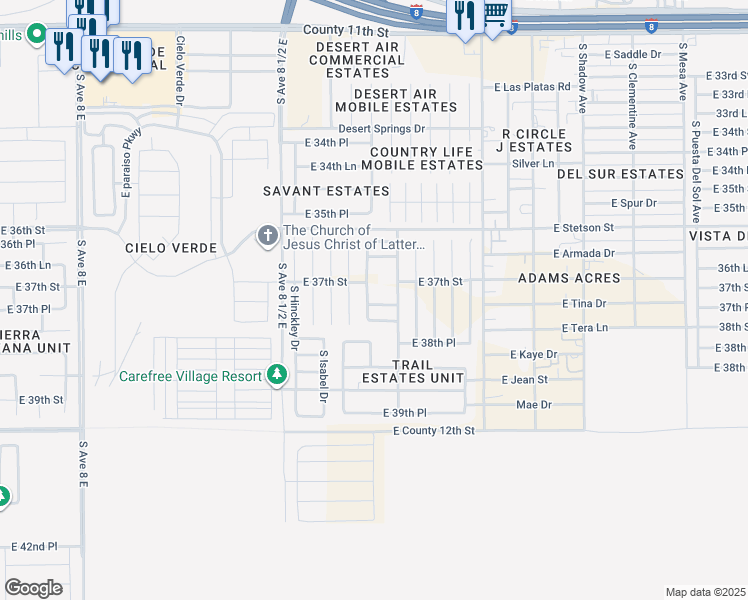 map of restaurants, bars, coffee shops, grocery stores, and more near 8730 East 37th Place in Yuma