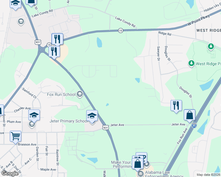 map of restaurants, bars, coffee shops, grocery stores, and more near 1001 Fox Run Parkway in Opelika