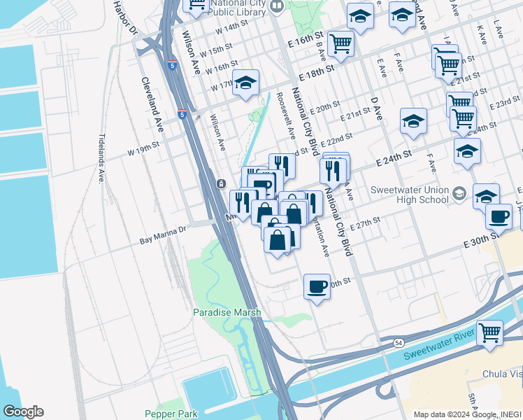 map of restaurants, bars, coffee shops, grocery stores, and more near 404 Mile of Cars Way in National City