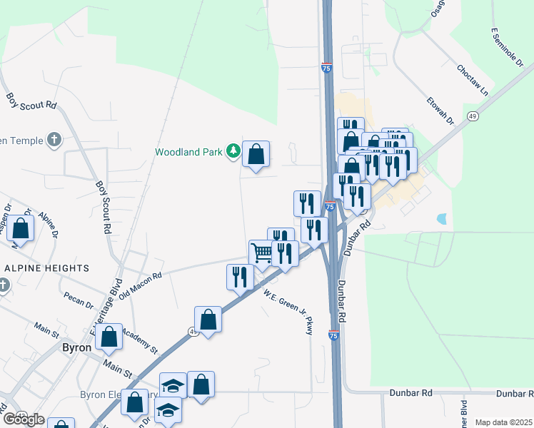 map of restaurants, bars, coffee shops, grocery stores, and more near 124 Woodland Drive in Byron