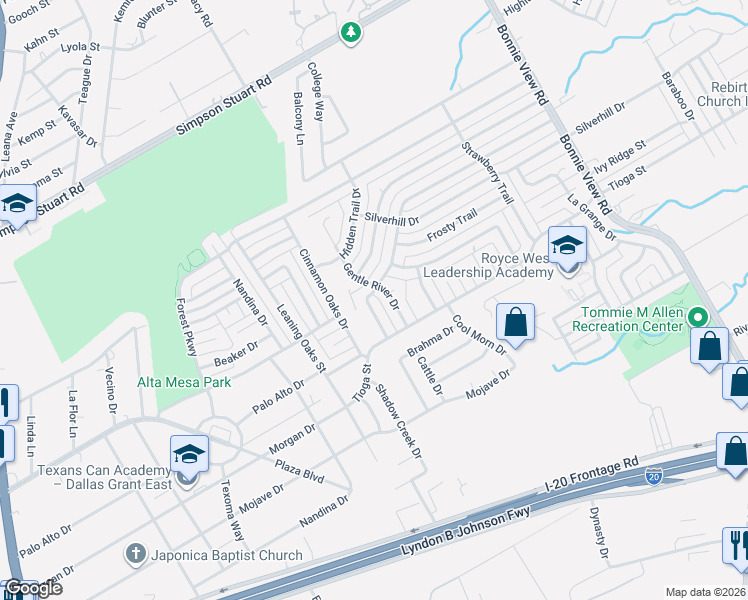 map of restaurants, bars, coffee shops, grocery stores, and more near 6504 Gentle River Drive in Dallas