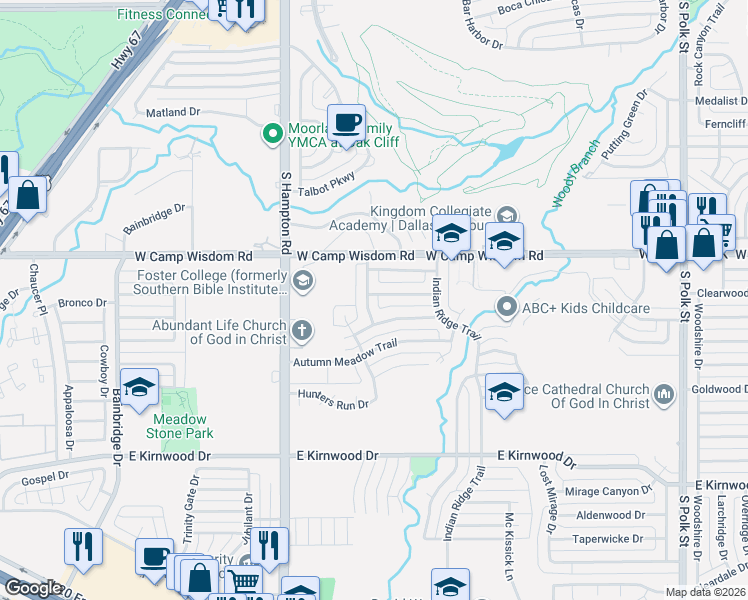 map of restaurants, bars, coffee shops, grocery stores, and more near 7128 Woodland Terrace Drive in Dallas