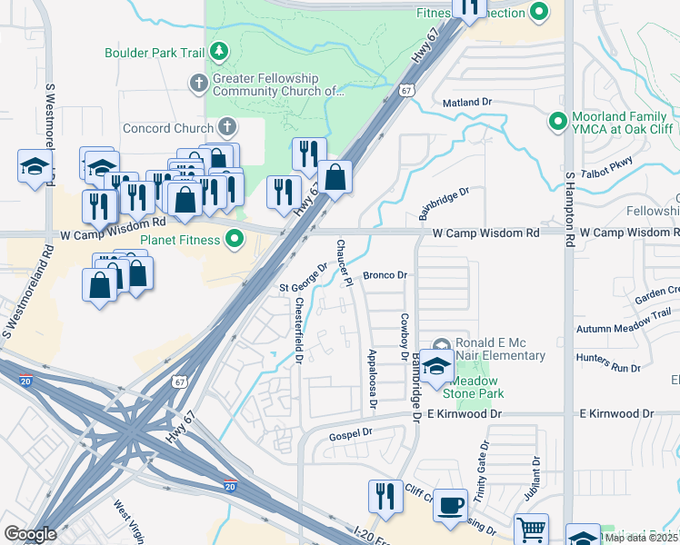 map of restaurants, bars, coffee shops, grocery stores, and more near 2904 Saint George Drive in Dallas