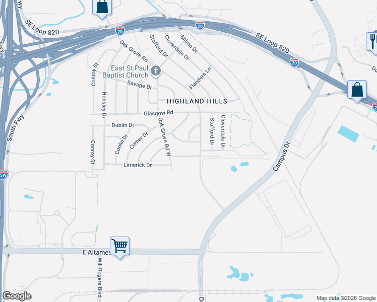 map of restaurants, bars, coffee shops, grocery stores, and more near 1432 Hazel Leigh Lane in Fort Worth