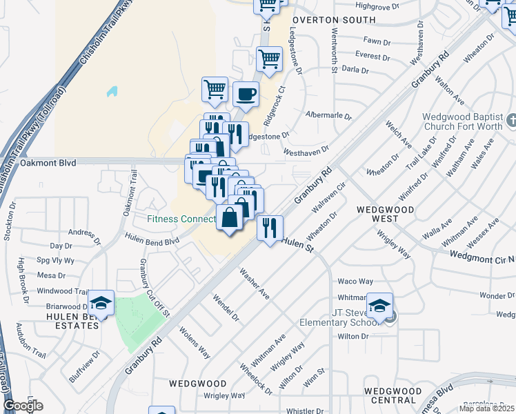 map of restaurants, bars, coffee shops, grocery stores, and more near 6049 South Hulen Street in Fort Worth