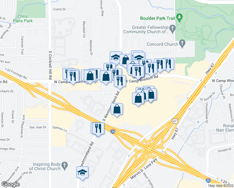 map of restaurants, bars, coffee shops, grocery stores, and more near S Westmoreland Rd & Preferred Pl in Dallas