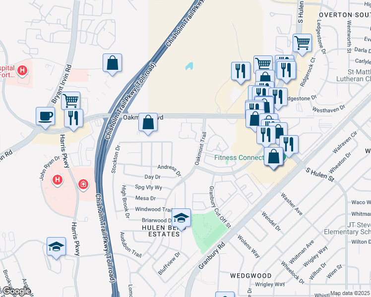 map of restaurants, bars, coffee shops, grocery stores, and more near 6559 Arbor Place in Fort Worth
