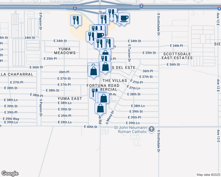 map of restaurants, bars, coffee shops, grocery stores, and more near East 38th Street & South Phoenix Drive in Yuma