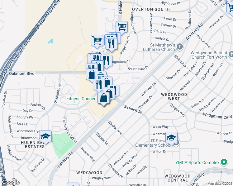 map of restaurants, bars, coffee shops, grocery stores, and more near 6051 South Hulen Street in Fort Worth