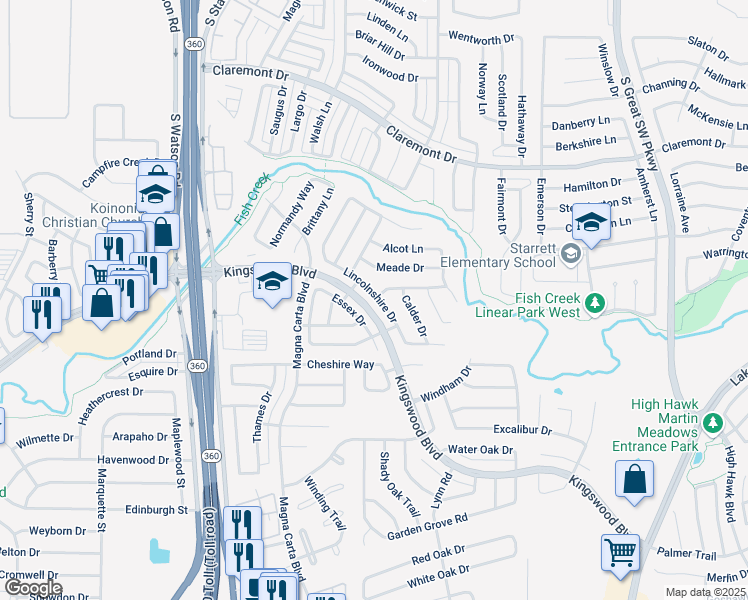 map of restaurants, bars, coffee shops, grocery stores, and more near 4717 Lincolnshire Drive in Grand Prairie