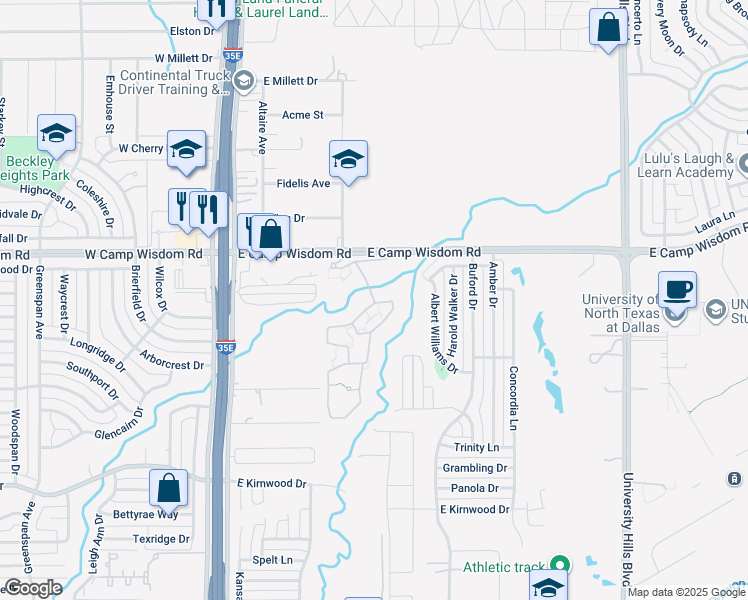 map of restaurants, bars, coffee shops, grocery stores, and more near 330 East Camp Wisdom Road in Dallas