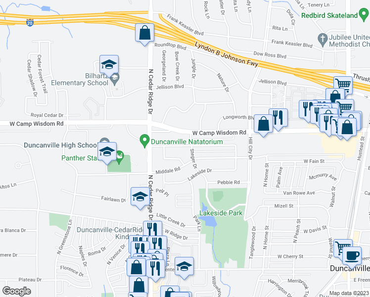 map of restaurants, bars, coffee shops, grocery stores, and more near 706 Rolling Ridge Lane in Duncanville