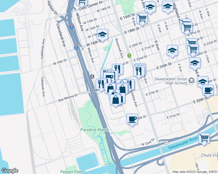 map of restaurants, bars, coffee shops, grocery stores, and more near 404 Mile of Cars Way in National City