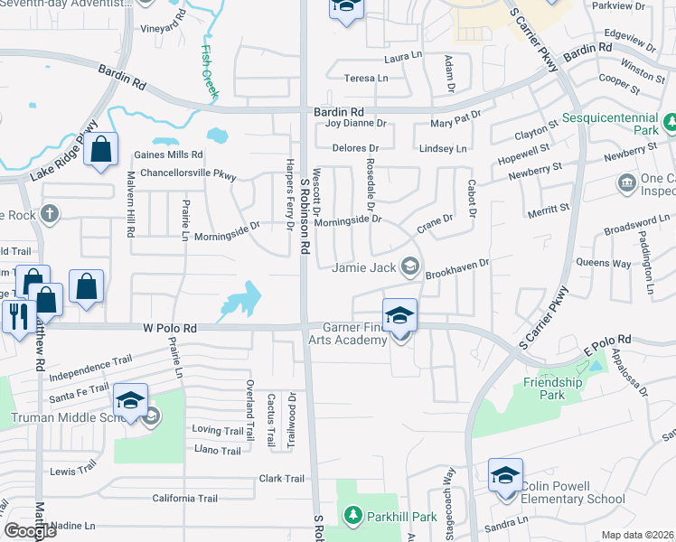 map of restaurants, bars, coffee shops, grocery stores, and more near 117 Hanover Street in Grand Prairie