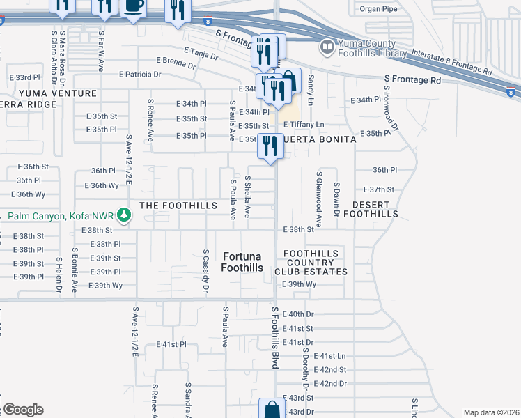 map of restaurants, bars, coffee shops, grocery stores, and more near 12800-128768 East 37th Place in Yuma