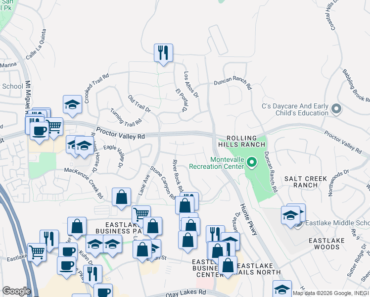 map of restaurants, bars, coffee shops, grocery stores, and more near 2611 Flagstaff Court in Chula Vista