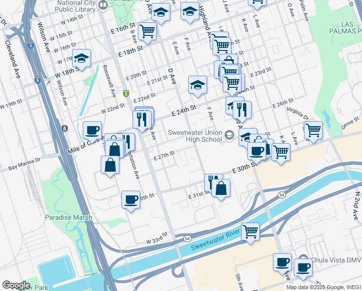 map of restaurants, bars, coffee shops, grocery stores, and more near 302 East 26th Street in National City