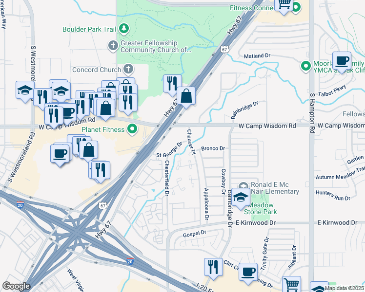map of restaurants, bars, coffee shops, grocery stores, and more near 2904 Saint George Drive in Dallas