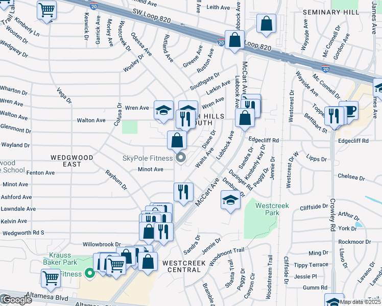 map of restaurants, bars, coffee shops, grocery stores, and more near 5958 Duringer Road in Fort Worth