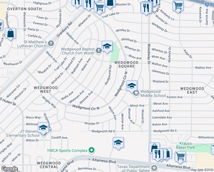 map of restaurants, bars, coffee shops, grocery stores, and more near 5701 Wedgworth Road in Fort Worth