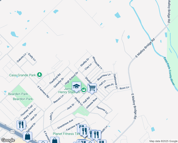 map of restaurants, bars, coffee shops, grocery stores, and more near 1217 Brittany Way in Seagoville