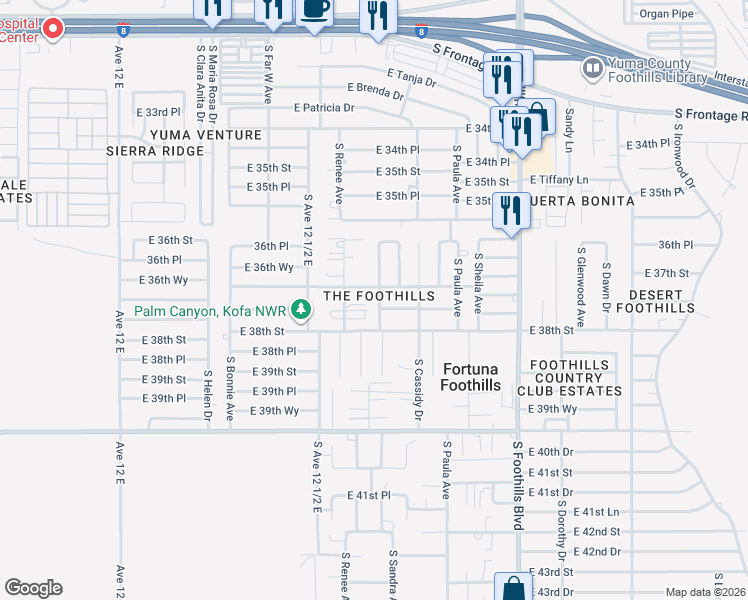 map of restaurants, bars, coffee shops, grocery stores, and more near 11624 South Sandra Avenue in Yuma