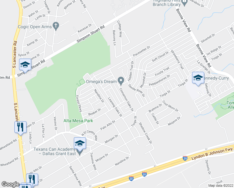 map of restaurants, bars, coffee shops, grocery stores, and more near 6470 Tumbling Creek Trail in Dallas