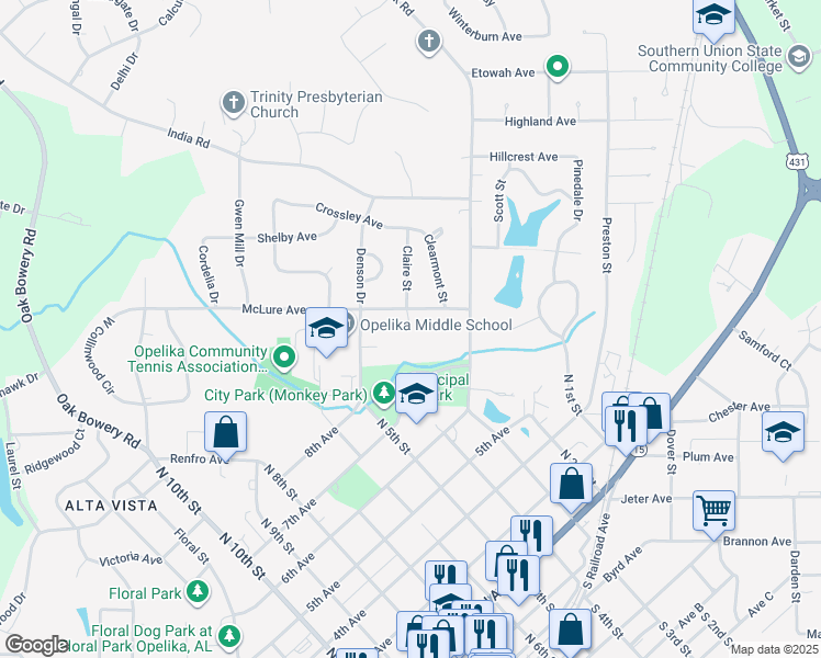 map of restaurants, bars, coffee shops, grocery stores, and more near 701 McLure Circle in Opelika