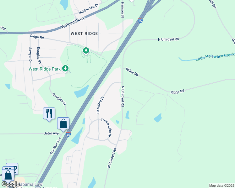 map of restaurants, bars, coffee shops, grocery stores, and more near 1106 North Uniroyal Road in Opelika