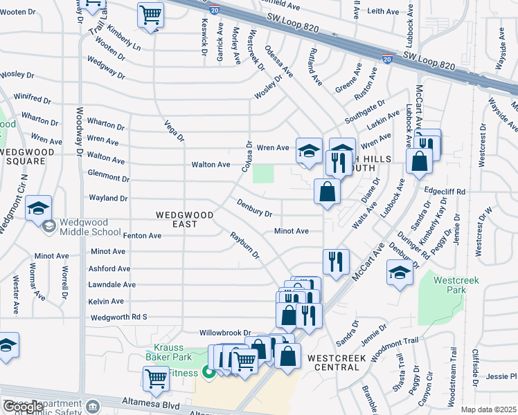 map of restaurants, bars, coffee shops, grocery stores, and more near 3432 Denbury Drive in Fort Worth
