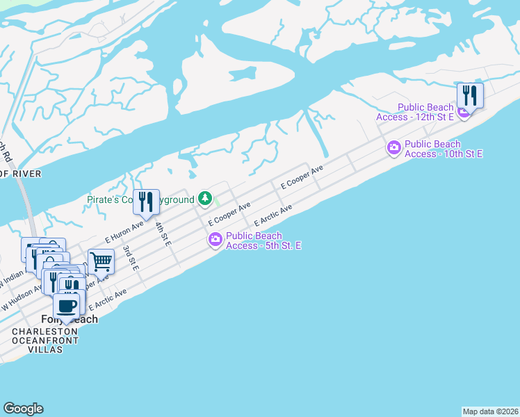 map of restaurants, bars, coffee shops, grocery stores, and more near 610 East Ashley Avenue in Folly Beach