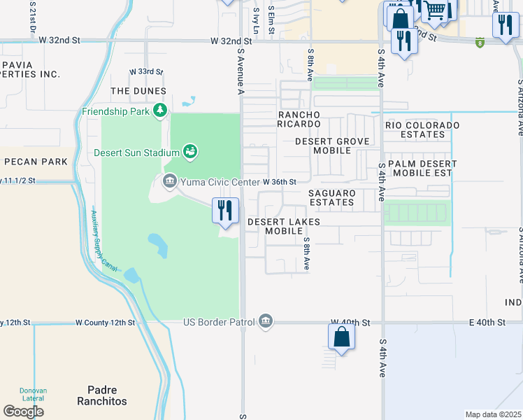 map of restaurants, bars, coffee shops, grocery stores, and more near 1080-1098 West Lakeside Drive in Yuma