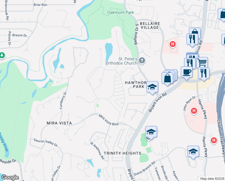 map of restaurants, bars, coffee shops, grocery stores, and more near 6200 Troon Road in Fort Worth
