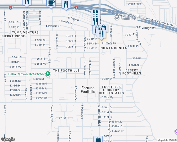 map of restaurants, bars, coffee shops, grocery stores, and more near 11650 South Paula Avenue in Yuma