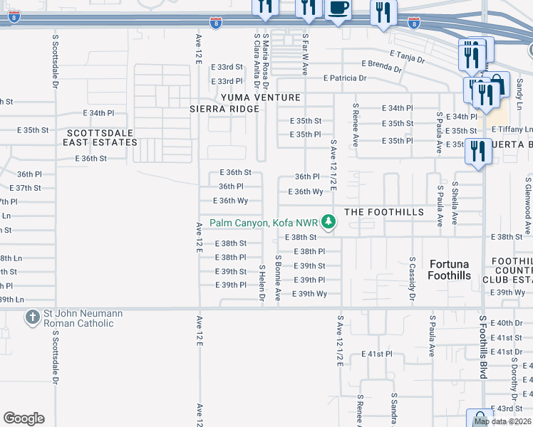 map of restaurants, bars, coffee shops, grocery stores, and more near 11613-11669 South Helen Drive in Yuma