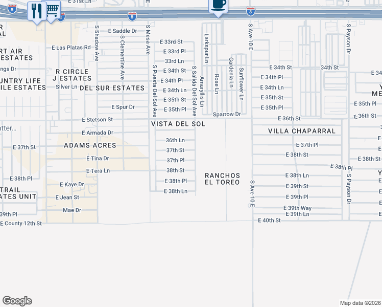 map of restaurants, bars, coffee shops, grocery stores, and more near 9684 37th Street in Yuma