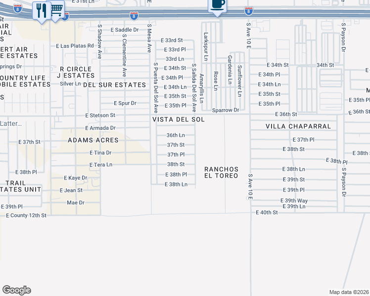 map of restaurants, bars, coffee shops, grocery stores, and more near 9684 37th Street in Yuma