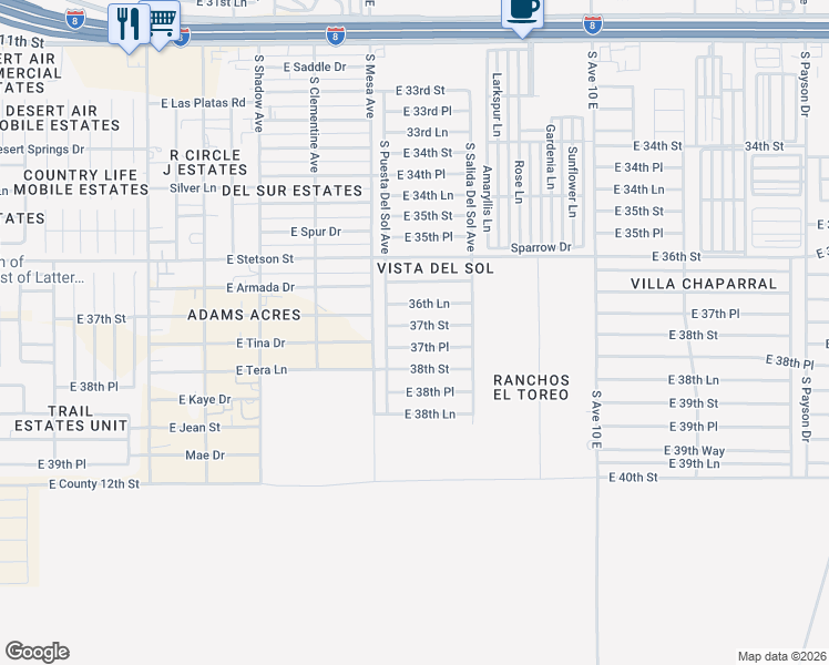 map of restaurants, bars, coffee shops, grocery stores, and more near 9606 37th Street in Yuma