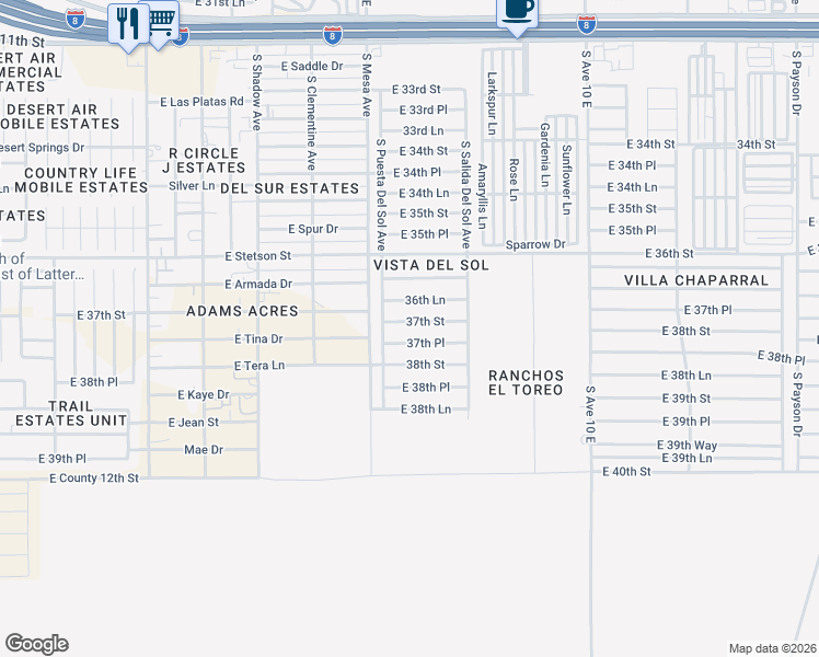 map of restaurants, bars, coffee shops, grocery stores, and more near 9606 37th Street in Yuma