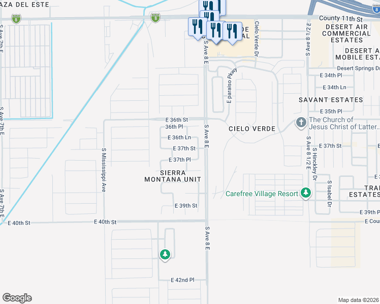 map of restaurants, bars, coffee shops, grocery stores, and more near 7976 East 37th Street in Yuma